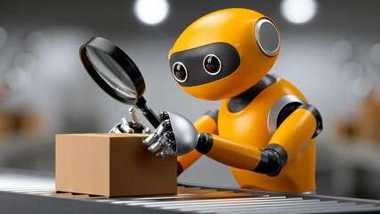 Poster - Cheerful Orange Robot with Magnifying Glass Inspects Package on Conveyor Belt, Showcasing Technology in Logistics and Warehouse Setting