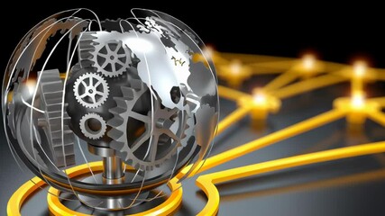 Poster - Metallic Globe with Gears Symbolizes Global Connectivity and Technology through Glowing Network Lines for Enhanced Communication and Networking