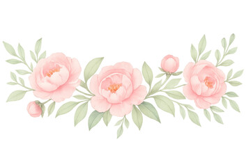 Poster - Soft pink peony blossoms nestling among verdant leaves, creating graceful floral border with transparent backdrop, ideal for refined graphic compositions