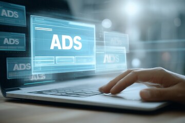 Fototapete - Close-up of a hand typing on a laptop keyboard with floating digital screens displaying ADS interface, concept for digital marketing strategy presentation, online advertising campaign management