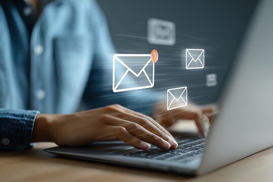 Hands are typing on a modern laptop keyboard surrounded by futuristic glowing email icons and notification, concept for illustrating digital communication solutions, email marketing campaigns
