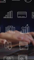 Poster - Animation of business icons over caucasian female worker using laptop