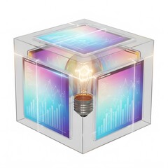 Poster - Transparent Cube with Illuminated Light Bulb and Data Visualization Representing Idea Technology Innovation and Business Concept
