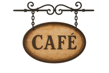 Fototapete - Weathered wooden cafe signboard suspended by metal rod and chains, showcasing vintage aesthetic against transparent backdrop
