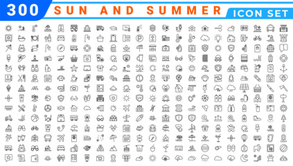 Aufkleber - Summer Vacation icon set. Holiday related icons: travel, beach, surfing, hotel, tourism, landscape, camera, passport, ice cream and more. Editable line icons. Vector illustration.