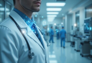 Poster - Future of medicine showcasing doctor with digital interface for data analysis
