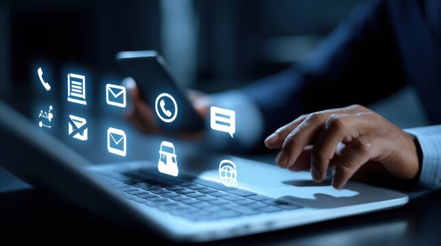 Digital communication icons on laptop night
