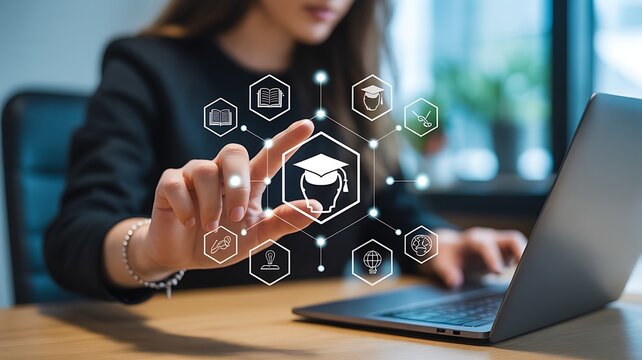 Person interacting with digital learning icons and laptop hand finger