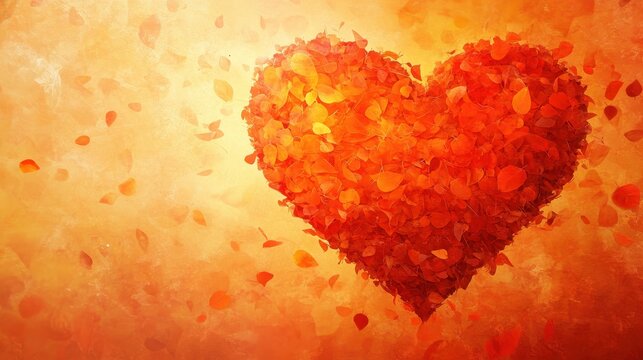 Heart made of autumn leaves, on a textured orange background. Use for seasonal greetings or conveying warm feelings of love.