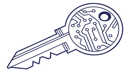 Poster - Illustration of a key with circuit board design inside the head and a dark blue outline on white created with generated ai