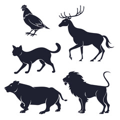 Fototapete - Collection of animal silhouettes in diverse poses isolated on white background
