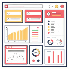 Fototapete - Vibrant dashboard ui elements with charts and buttons isolated on white background