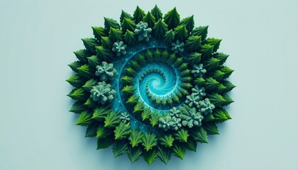 Poster - A vibrant spiral design is made of green leaves. The design features a captivating, spiraling composition with a vibrant color palette