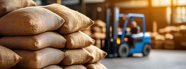 Poster - Heavy burlap sacks stacked in a warehouse with a blue forklift in the background transporting goods during a busy industrial operation