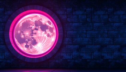 Poster - A captivating neon art with a circular design of a glowing pink moon is on the wall