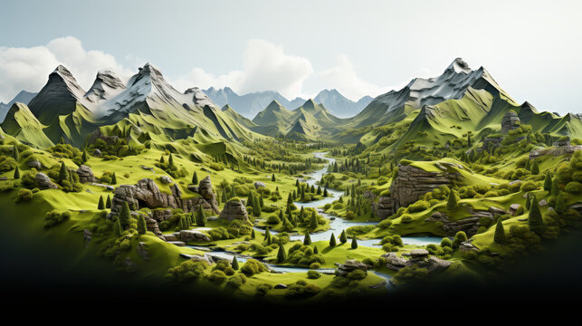 3D Rendered Miniature Mountain Landscape, Realistic Terrain with Green Valleys, Isolated with Pure White Background