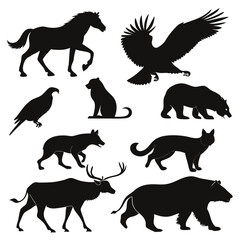 Fototapete - Collection of wild and domestic animal silhouettes isolated on white background