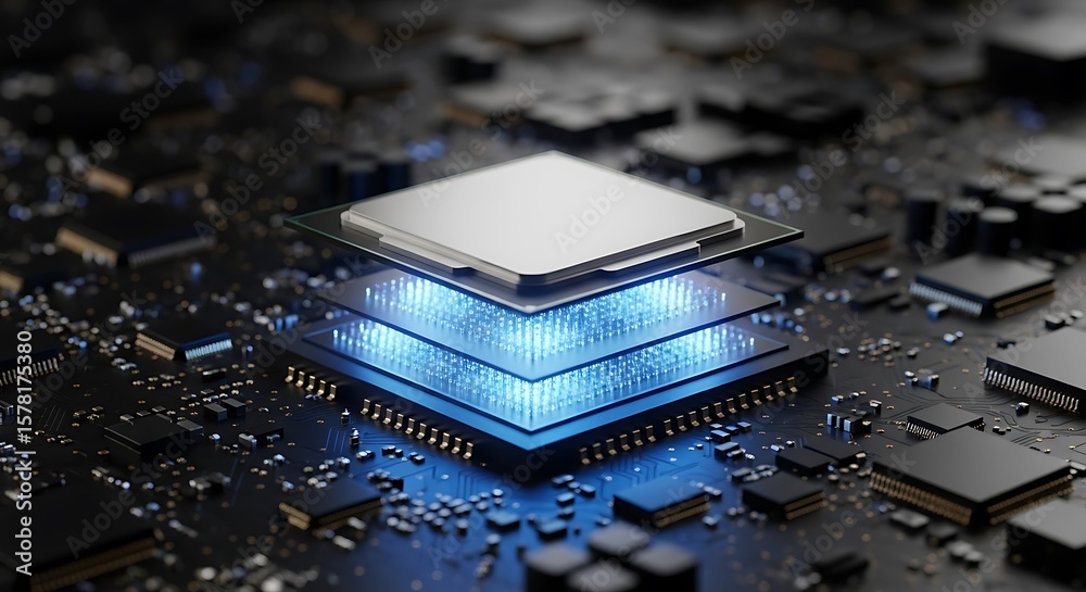 A layered stack of glowing blue computer processor chips on a detailed ...