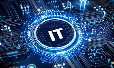 Poster - Digital icon of information technology or circuit board with the text IT in the center on a blue background, representing the technology and network concept.