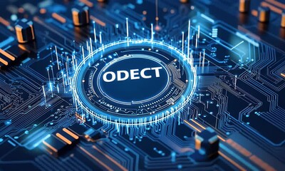 Poster - Digital icon of information technology or circuit board with the text IT in the center on a blue background, representing the technology and network concept.