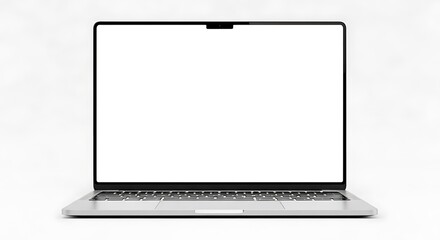 Poster - A modern silver laptop with a blank white screen and keyboard is displayed in a frontfacing view, isolated on a plain white background, ready for creative customization and digital presentations