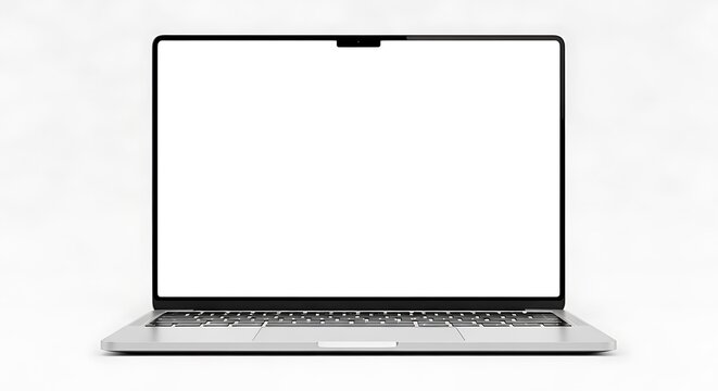 A modern silver laptop with a blank white screen and keyboard is displayed in a frontfacing view, isolated on a plain white background, ready for creative customization and digital presentations