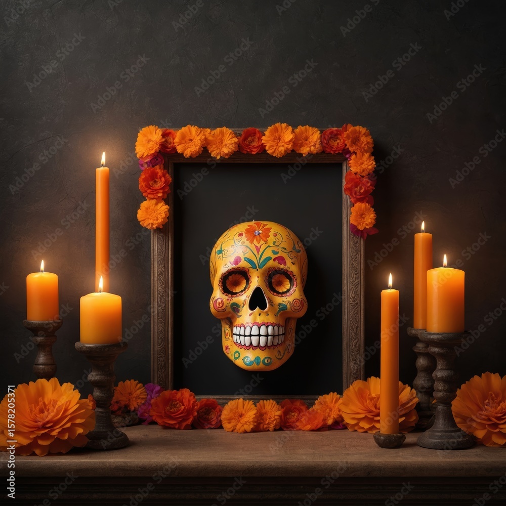 Vibrant Día de los Muertos Ofrenda with Marigolds and Sugar Skulls ...