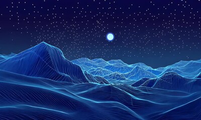 Poster - Abstract digital blue background with dots and lines in the form of an illuminated mountain landscape. Big data and artificial intelligence concept.