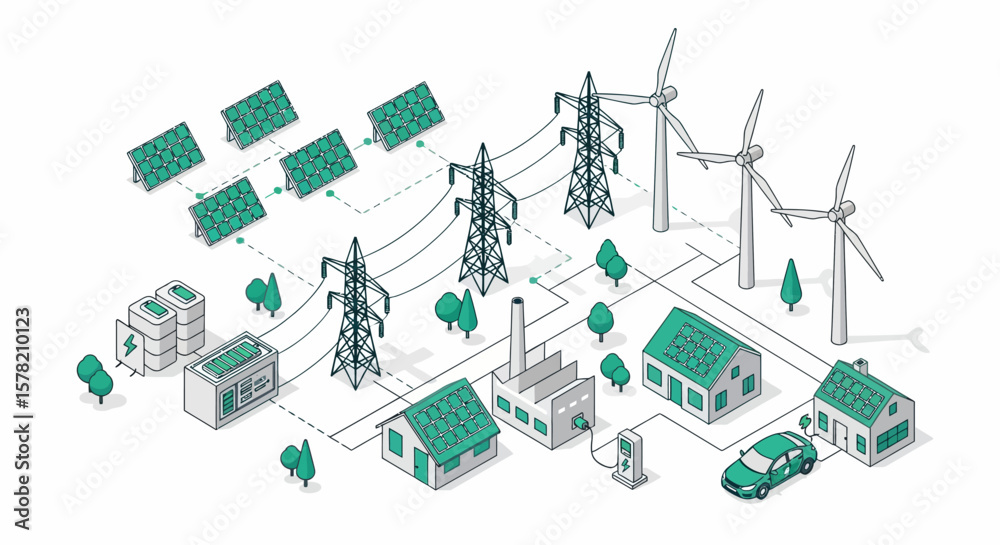 Isometric Illustration of Green Energy System: Solar Panels, Wind ...