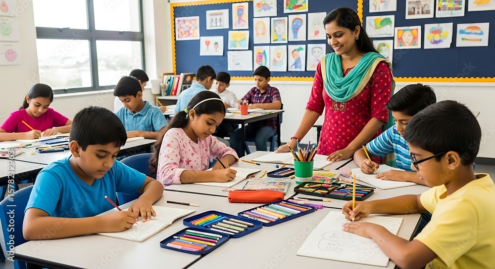 Teacher guiding students in an art class, children drawing with ...