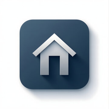 A stylized metallic house icon, rendered in 3D, sits on a rounded square with a dark blue background.