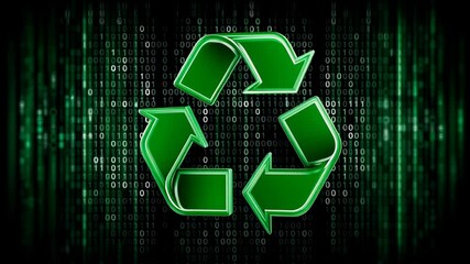 Poster - E waste management. Green recycling arrow symbol on digital binary code background showcasing eco technology and sustainable green solutions for future advancements