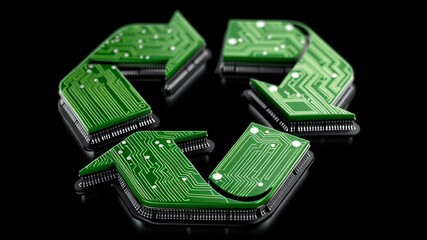 Poster - E waste management. Recycling symbol with green circuit board arrows black background representing electronic technology, sustainability, and eco friendly electronic