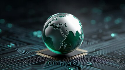 Poster - E waste management. Digital globe on microchip circuit board with glowing continents symbolizing futuristic technology innovation and global electronics connection