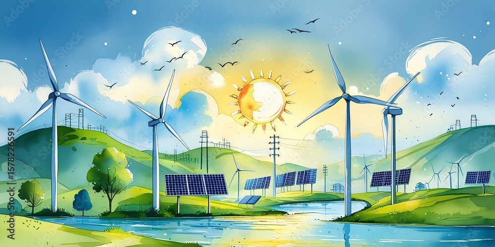 Illustration of Clean Renewable Energy: Wind Turbines and Solar Panels ...