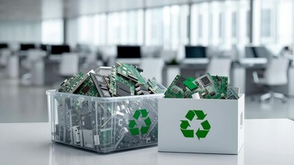 Poster - E waste management. Electronic waste recycling with circuit boards, computer chips, and containers promoting sustainable technology disposal in modern office environment
