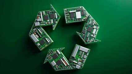 Poster - E waste management. Recycling circuit board electronic components technology promotes green sustainability with eco friendly reuse of computer parts dark green background