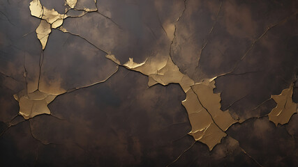 Poster - Elegant Dark Wall with Cracked Gold Leaf Texture. Vintage Grunge Abstract Background