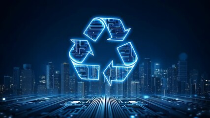 Poster - E waste management. Recycling technology circuit digital futuristic cityscape glowing with innovation and sustainability for eco friendly environment and electronic