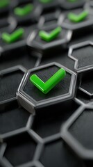 Wall Mural - green checkmark on hexagonal black and silver background