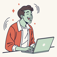 happy man working on laptop computer illustration for online communication and digital lifestyle con