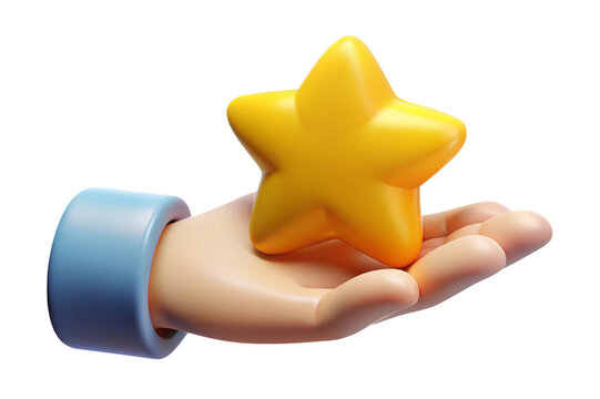 Stylized 3d hand holding a shiny yellow star isolated on transparent background