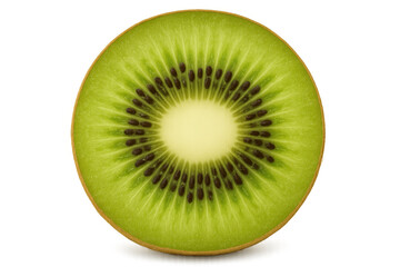 Poster - Sliced kiwi revealing bright green interior, tiny black seeds, and central core against transparent backdrop