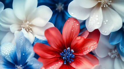 Wall Mural - colorful floral background showing red white and blue petals covered in dew
