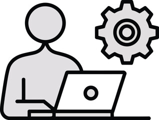 Leinwandbilder - A simple line drawing of a person at a laptop with a gear icon next to them on a gray background