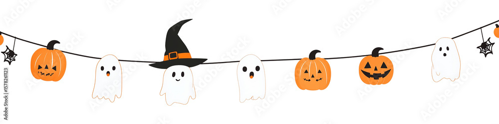 Halloween garland featuring cheerful ghosts, pumpkins and witch hats ...