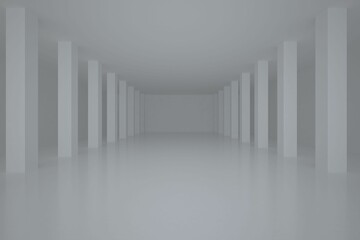Poster - 3D render is showing empty hall with parallel square columns reflecting on smooth gray floor