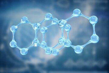 Poster - Molecular model is floating in 3D lab render with blue spheres, rods forming hexagon rings