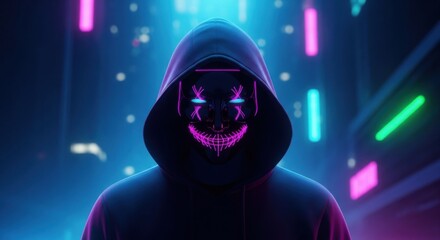mysterious hacker wearing a neon illuminated mask in a futuristic cyberpunk cityscape