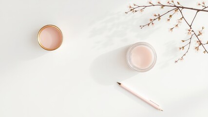 Poster - Elevated Flat Lay Scene Featuring Delicate Blossoms, Blush Tones, Beauty Products, and a Sleek Pen Resting on a Clean, White Surface